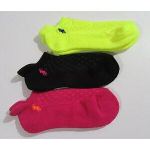 Polo Ralph Lauren Womens Heel Tab Low Cut Socks Pink Black Neon Yellow 3 pk NWOT